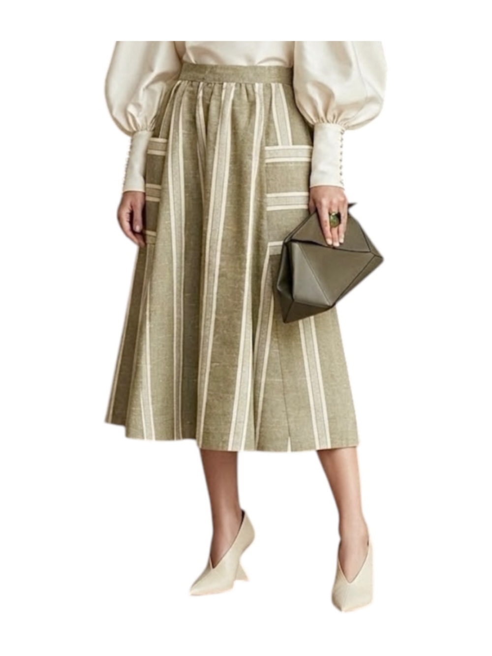 Vintage 80s 90s wool blend khaki cream striped old money midi skirt 7